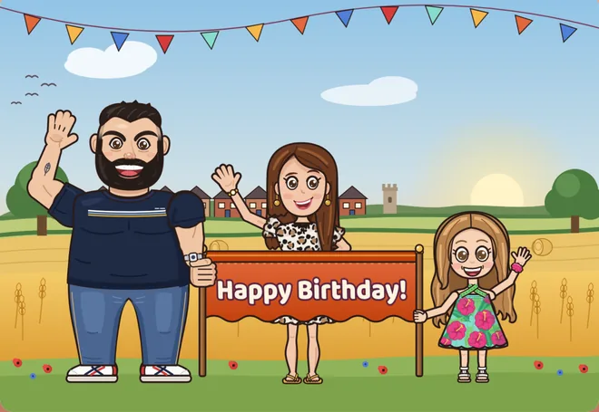Inside Grace's card: three cartoon family members waving in front of fields, houses and a church tower, holding a Happy Birthday banner under bunting.